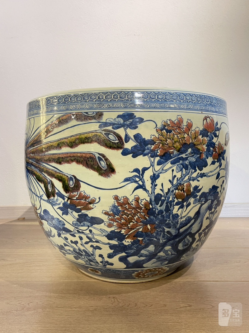 清中期 青花釉里红牡丹锦鸡图大缸 - 图5
